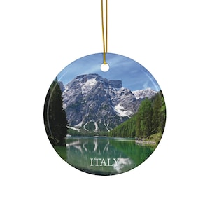 Italian Dolomites Ornament ; Porcelain Christmas Decor ; Alpine Mountain Souvenir ;  Italy Travel Gift ; Lago di Braies, Italy Ornament