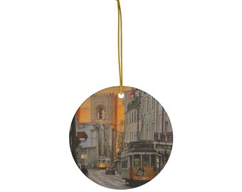 CUSTOMIZABLE Lisbon Portugal Ornament | Yellow Tram Sunset Ceramic Ornament | Portugal Travel Gift