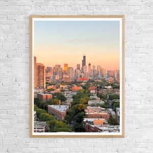 Chicago Skyline at Sunset Travel Poster; Chicago Wall Art, Chicago Sunset Poster, Chicago skyline Photo, Chicago Poster Print, Chicago Decor