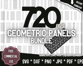 May include: A digital download bundle of 720 geometric panel designs. The designs are black and white and are perfect for creating laser cut projects, stencils, or digital art. The bundle includes SVG, DXF, PNG, JPG, PDF, and EPS files. Free commercial use.