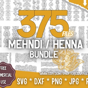 May include: A digital download of 375 black and white mehndi or henna design files. The designs are intricate and detailed, and they are perfect for use in a variety of projects, such as crafting, decorating, and tattooing. The text on the image reads "375 Files Mehndi/Henna Bundle Free Commercial Use SVG * DXF * PNG * JPG * PDF Instant Download www.etsy.com/shop/creativefulminds".