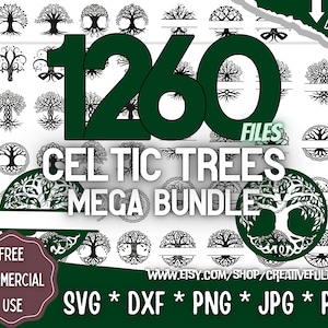 Puede incluir: Una descarga digital de 1260 diseños de árboles celtas en blanco y negro. Los diseños son perfectos para manualidades, scrapbooking y otros proyectos creativos. El texto en la imagen dice "1260 Archivos Árboles Celtas Mega Pack Uso Comercial Gratuito SVG * DXF * PNG * JPG * PDF Descarga Instantánea www.etsy.com/shop/creativefulminds".