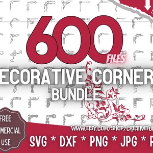 Könnte beinhalten: Ein digitaler Download von 600 dekorativen Eckdesigns in den Formaten SVG, DXF, PNG, JPG und PDF. Die Designs sind schwarzweiß und zeigen eine Vielzahl von verzierten und einfachen Stilen. Der Download ist für kommerzielle Zwecke kostenlos.