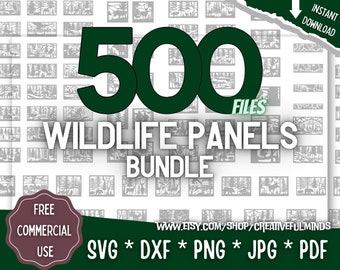 May include: A digital download bundle of 500 wildlife panel designs. The designs are in black and white and feature various animals, trees, and other nature-themed elements. The bundle includes SVG, DXF, PNG, JPG, and PDF files. The text "FREE COMMERCIAL USE" is displayed in a brown circle.