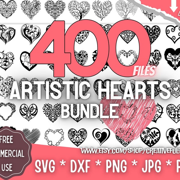 Paquete SVG de corazones / Diseños artísticos de corazones / Para Cricut, CNC, láser, etc. / Proyectos creativos / Descarga instantánea / Licencia comercial