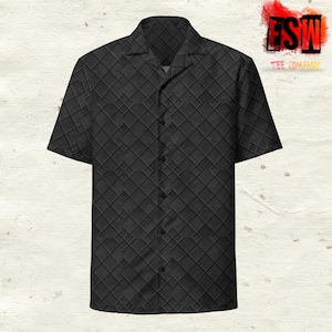 May include: A black short-sleeved button-down shirt with a geometric pattern. The shirt has a collar and a button closure.