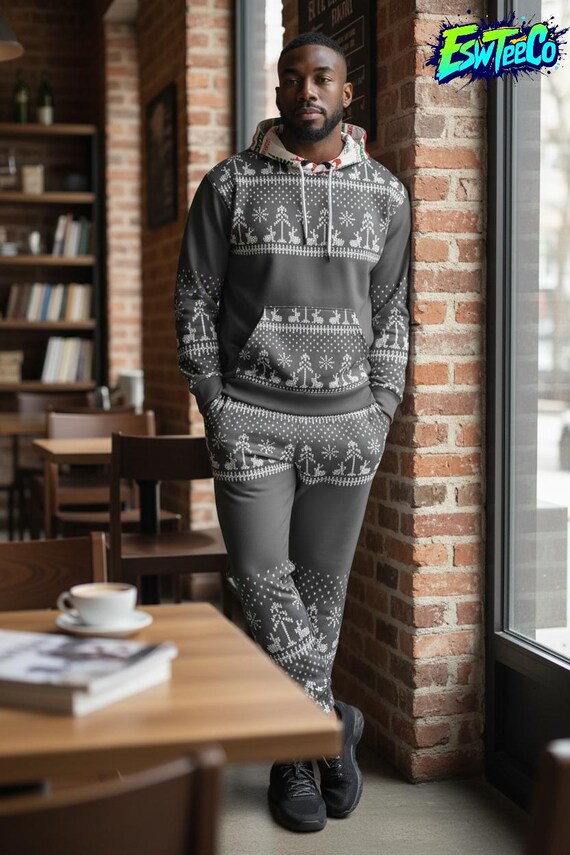 Unisex Christmas Hoodie, Grey Loungewear, Holiday Pattern