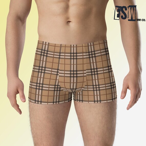 Brown Beige Plaid Check Men's Boxer Briefs, Men's Underwear