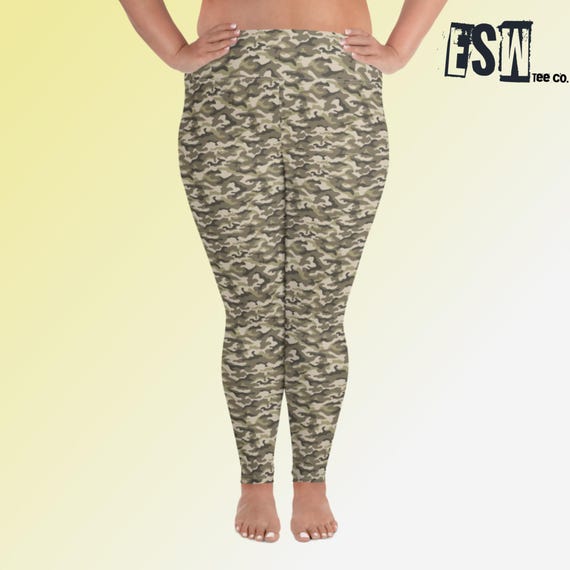 Beige Green Camouflage Print Women's Gym/Yoga Leggings,Women's Activewear Plus Size Leggings