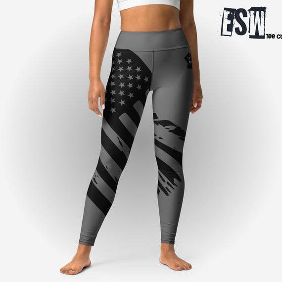 Black American Flag Grey 92% Club Women's Yoga/Gym Leggings, Women's Activewear