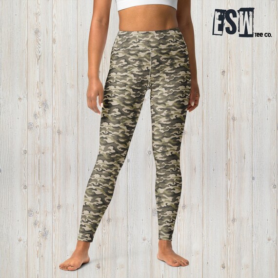 Beige Green Camouflage Print Women's Gym/Yoga Leggings,Women's Activewear