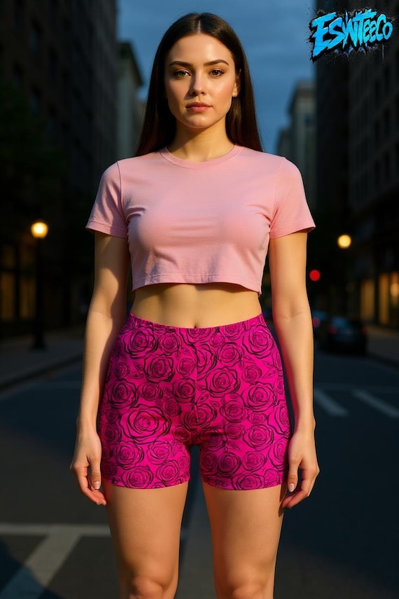 Magenta Roses Print Women's Yoga Shorts, Booty Shorts