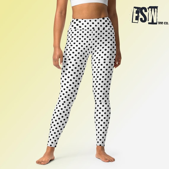 White And Black Polkadot Women's Yoga Leggings, Women's Activewear