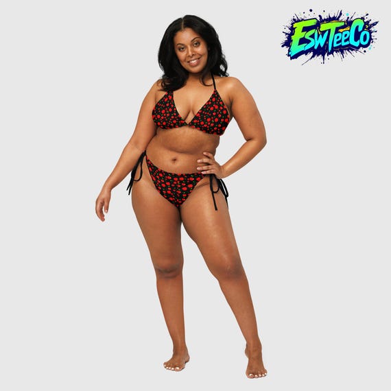 Cherries (Black) Graphic Print Women's recycled string bikini Women's Swimwear