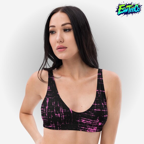 Black and Pink Stripe Art Print Women's Recycled padded bikini top,Women's Swimwear