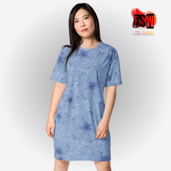Floral Denim all-over print women's graphic T-shirt dress