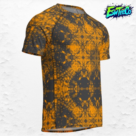 Gold Geo Graphic and Charcoal Men's Rash Guard Shirt, Men's Activewear