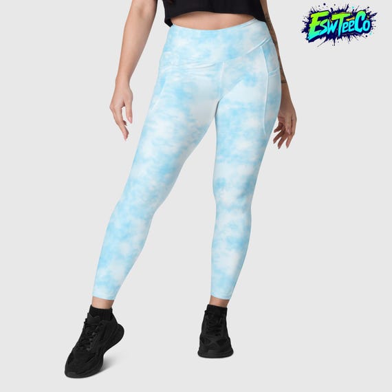 Sky Blue Tye Dye Graphic Print Women's Yoga Gym Leggings with pockets, Women's Activewear