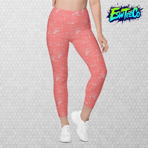 Coral and White Stripe Art Print Women's Yoga Leggings with pockets, Plus size leggings Women's Activewear