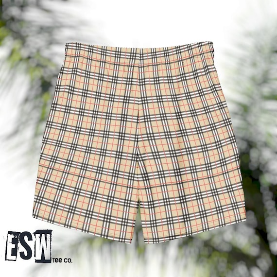 Tan plaid check All-Over Print Recycled Men's/ Unisex Swim Trunks