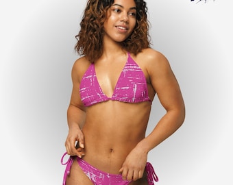 Magenta and White Stripe Art Print Women's recycled string bikini, Women's Swimwear