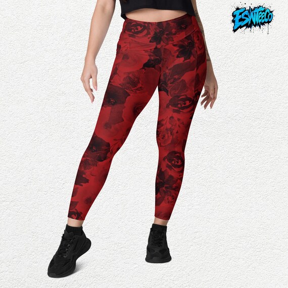 Scarlet Red and Black Floral Graphic Print Women's Yoga Leggings with pockets, Women's Activewear