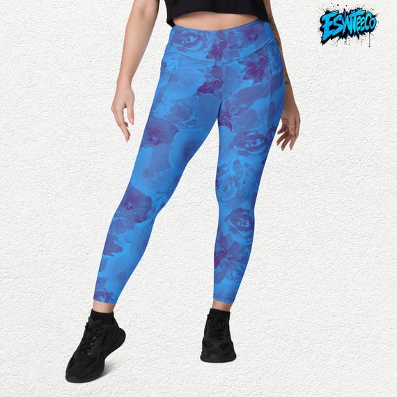 Ocean Blue Floral Graphic Print Women's Yoga Leggings with pockets, Women's Activewear