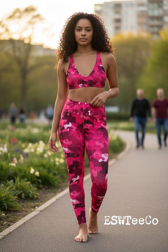 Fuchsia pink camouflage graphic print Women's Recycled padded bikini top/sports bra