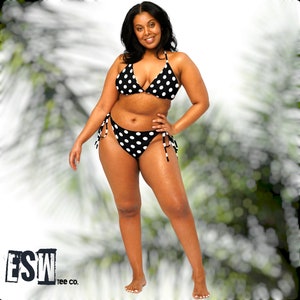 Black polkadot print recycled Women&#39;s string bikini, Women&#39;s Swimwear