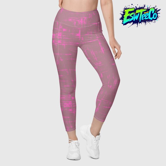 Magenta and Pink Stripe Art Print Women's Yoga Leggings with pockets, Plus size leggings Women's Activewear