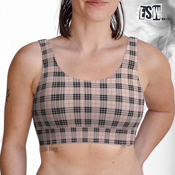 Pink & Bege Plaid Check pattern Women's Scoop Bralette