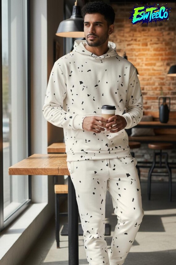 Speckle Cream and Black Pattern Print Men's/Unisex cotton hoodie