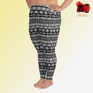 May include: Black leggings with a white geometric pattern. The pattern features repeating lines and shapes.
