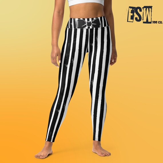 Black And White Stripe Halloween Women's Yoga Leggings, Women's Activewear