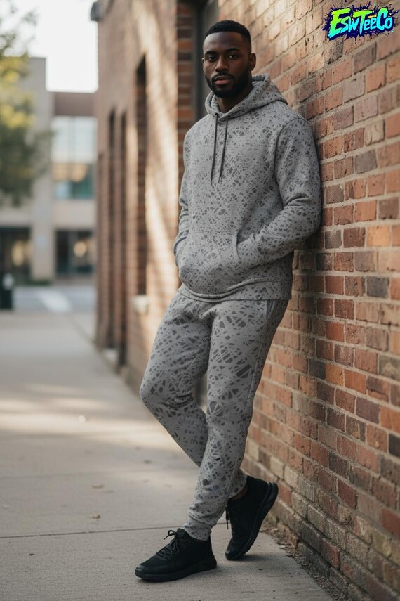 Platinum Grey and Charcoal Pattern Print Men's/Unisex cotton hoodie