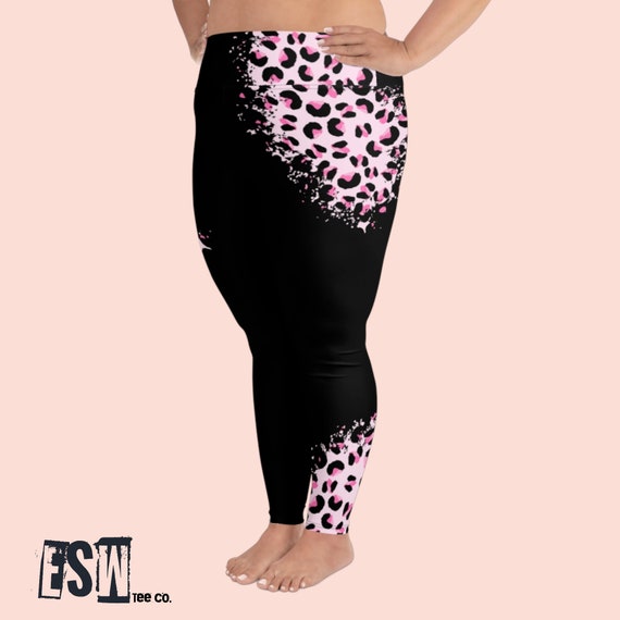 Pink And Black Animal Print Women's Plus Size Leggings, Women's Activewear