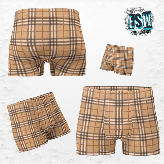 Brown Beige Plaid Check Men's Boxer Briefs, Men's Underwear