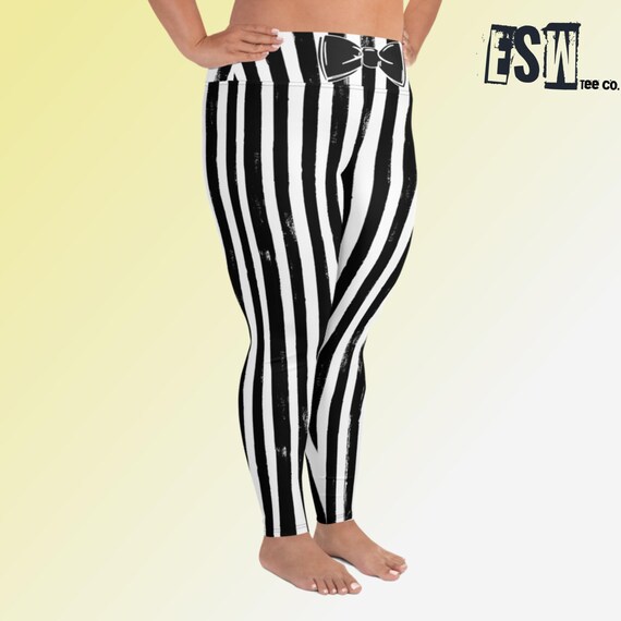 Black And White Stripe Bowtie Pattern Print Women's Plus Size Yoga Leggings, Women's Activewear