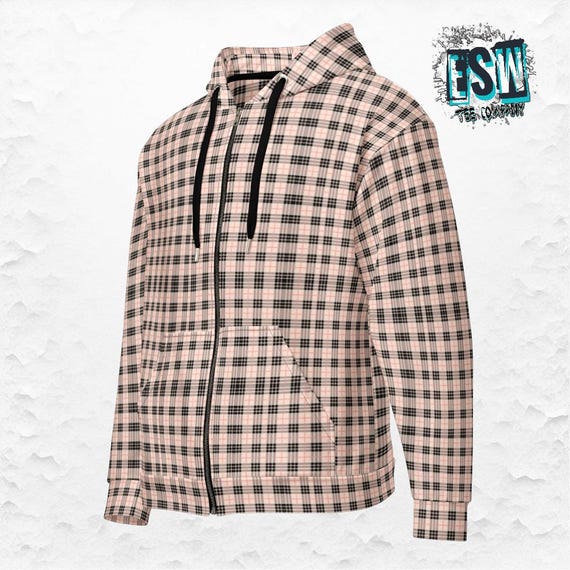 Tan Plaid Casual Men's Women's Unisex zip hoodie