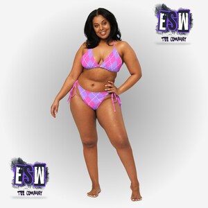 Pink and Lavender Argyle print recycled Women&#39;s string bikini, Women&#39;s Swimwear