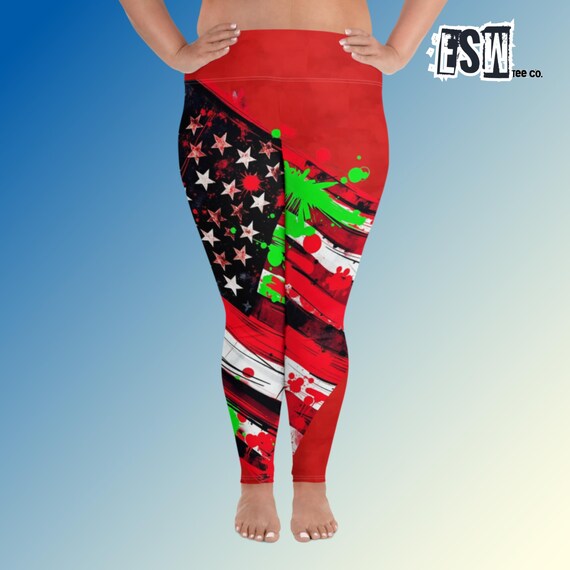 Abstract Art American Flag Graphic Print Women's Yoga/Gym Plus Size Leggings, Women's Activewear ,All-Over Print Plus Size Leggings