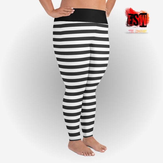 Black Striped Print Women's Plus Size Leggings 