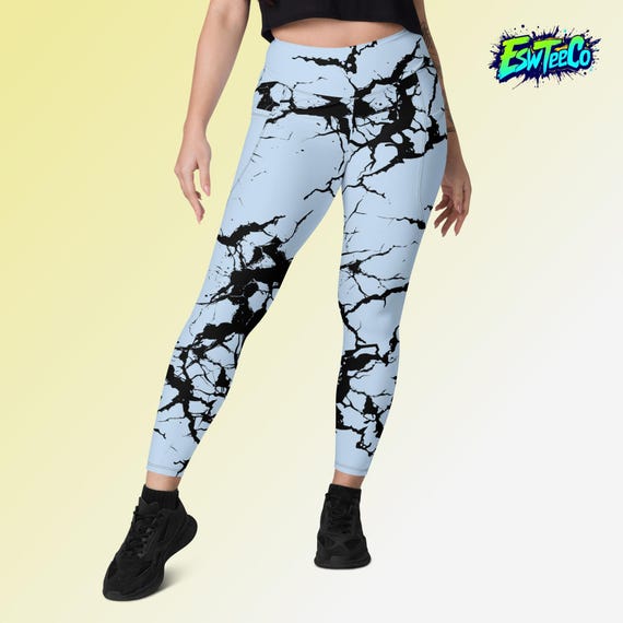 Sky Blue Black Marble Graphic Print Women's Yoga Gym Leggings with pockets, Women's Activewear