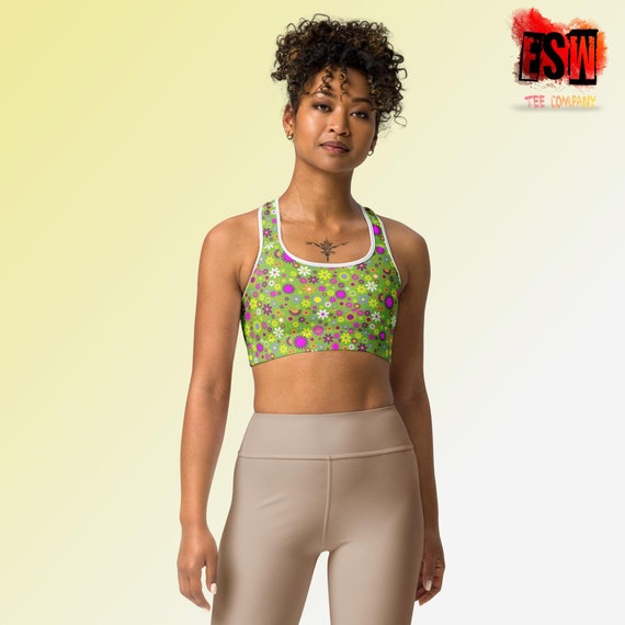 Green Daisy Print Women's Sports bra, Women's Activewear