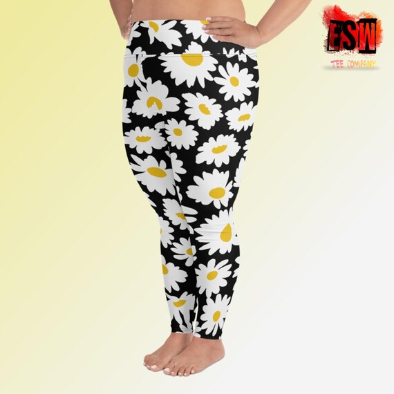 Daisy Print Plus Size Women's Yoga Leggings, Women's Activewear