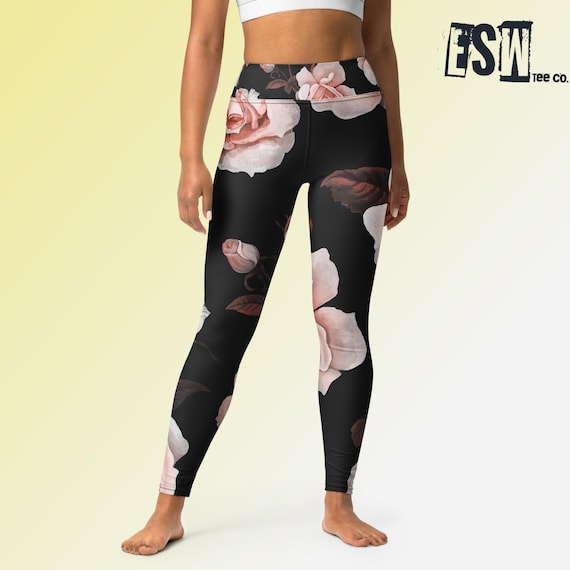 Black Floral Print Women's Yoga/Gym Leggings, Women's Activewear