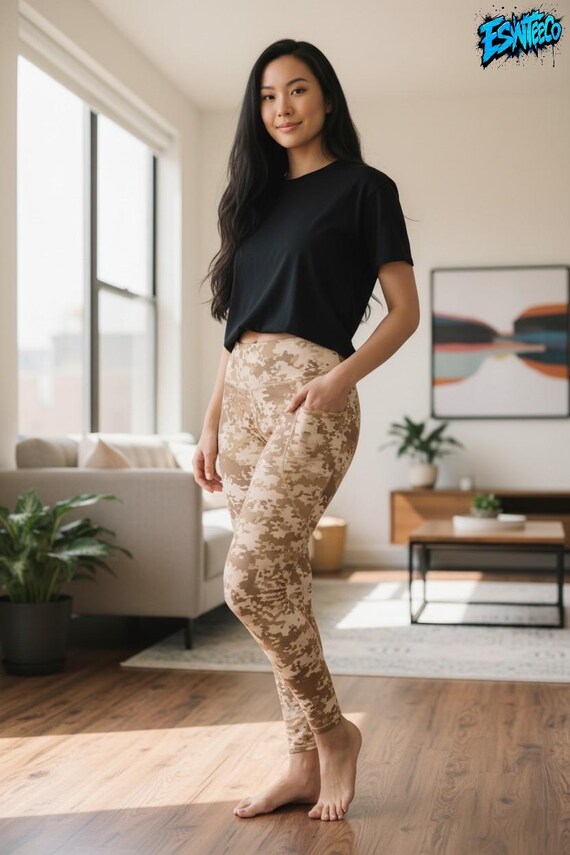 Tan and Brown Camouflage/camoflage Women's Yoga Gym Leggings with pockets,  Women's Activewear