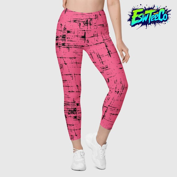 Coral and Black Stripe Art Print Women's Yoga Leggings with pockets, Plus size leggings Women's Activewear