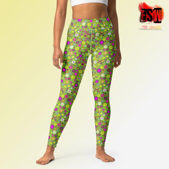 Green Daisy print Women's Yoga Leggings, Women's Activewear, Pj's, Lounge wear