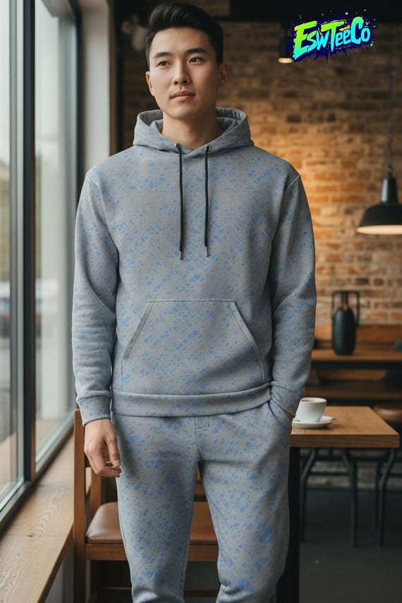 Platinum Grey and Slate Blue Pattern Print Men's/Unisex cotton hoodie